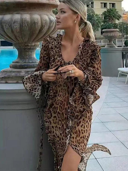 New Sexy Leopard Print Long Skirt With Ruffled Front Slit and Long Sleeves - - Guocali