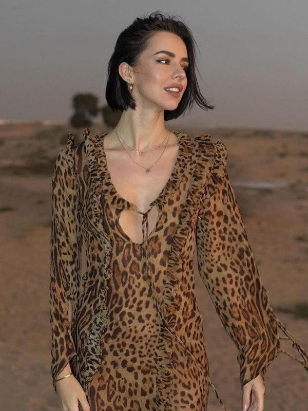 New Sexy Leopard Print Long Skirt With Ruffled Front Slit and Long Sleeves - - Guocali