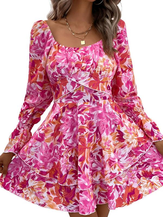 Square Neck Floral Ruffle Short Dress