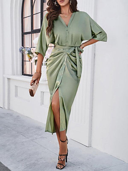 Elegant Solid Color Waist-Cinching Dress