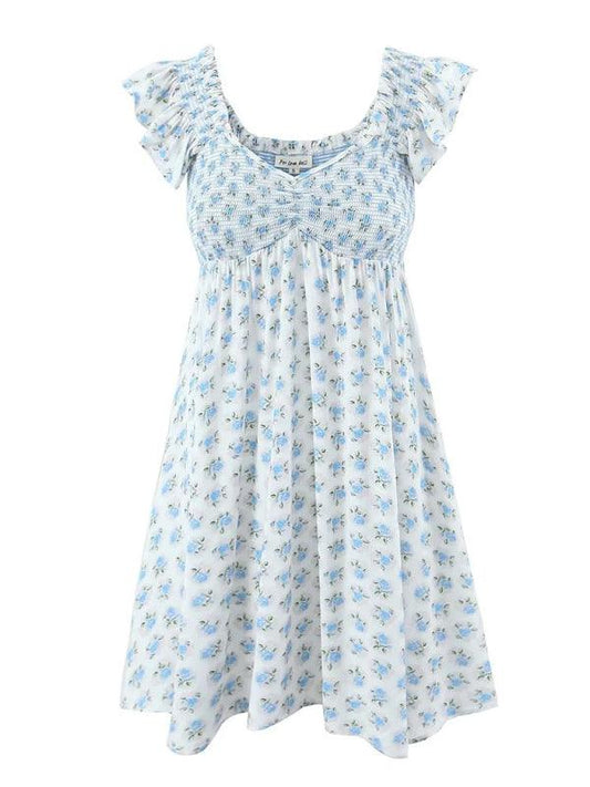 V-Neck Blue Floral Pleated Dress