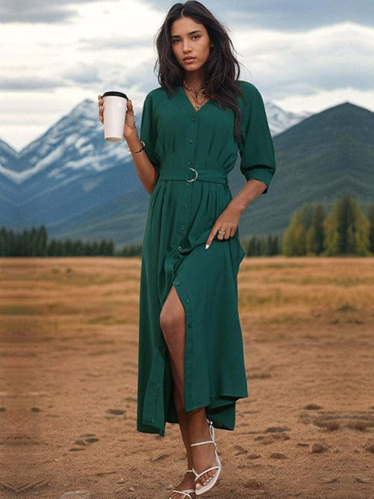 Women's V-Neck Green Dress With Belt