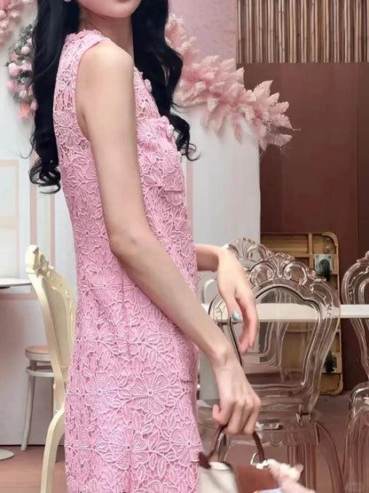 Pink Sleeveless Lace Dress - Short Dress - Guocali