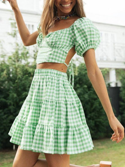 Plaid Top Backless Tie Skirt Set - Outfit Set - Guocali