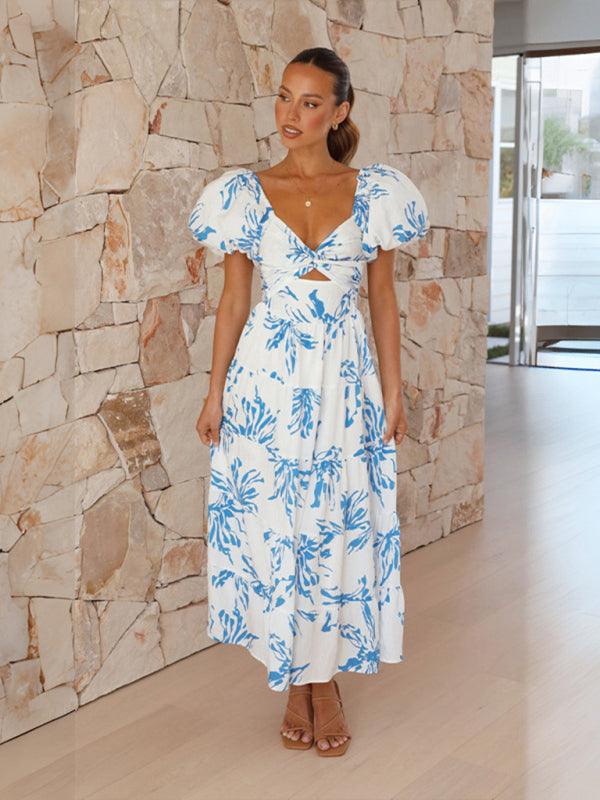 Printed Puff Sleeve Swing Summer Dress - Dresses - Guocali