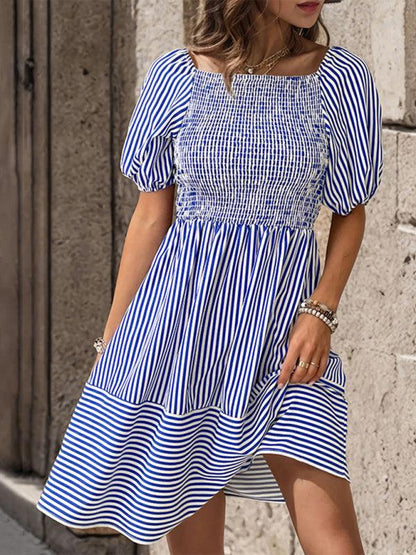 Puff Sleeve Striped Backless Dress - Backless Dress - Guocali