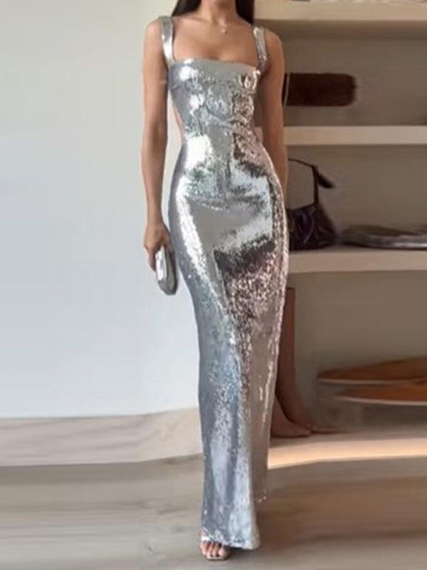 Sexy Sequined Strap Square Neck Backless Dress - Dresses - Guocali