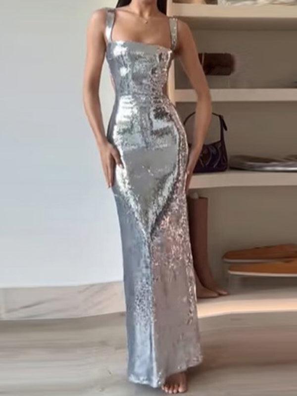 Sexy Sequined Strap Square Neck Backless Dress - Dresses - Guocali