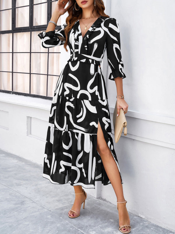 Holiday Casual Printed V-Neck Slit Dress