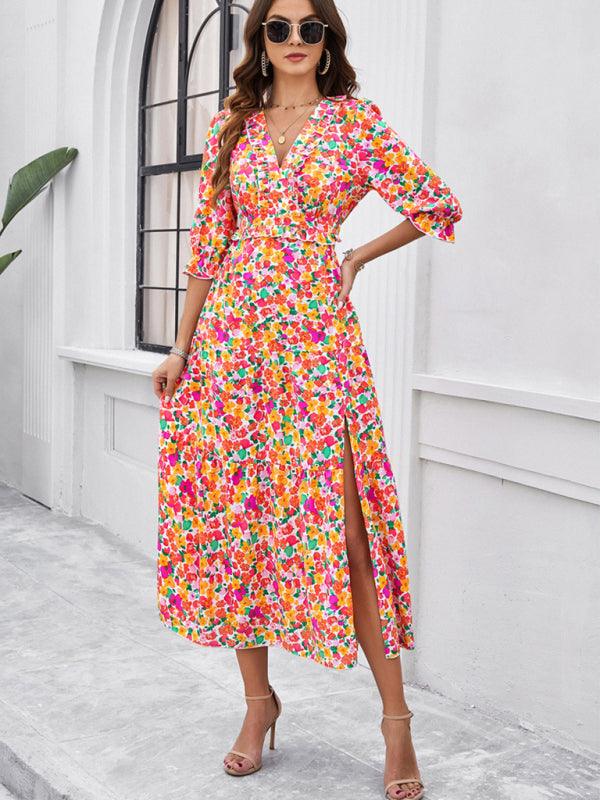 Holiday Casual Printed V-Neck Slit Dress