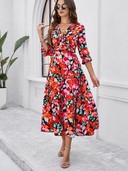 Holiday Casual Printed V-Neck Slit Dress