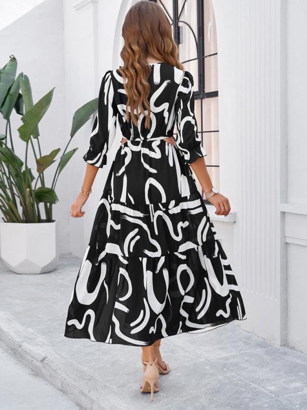 Holiday Casual Printed V-Neck Slit Dress