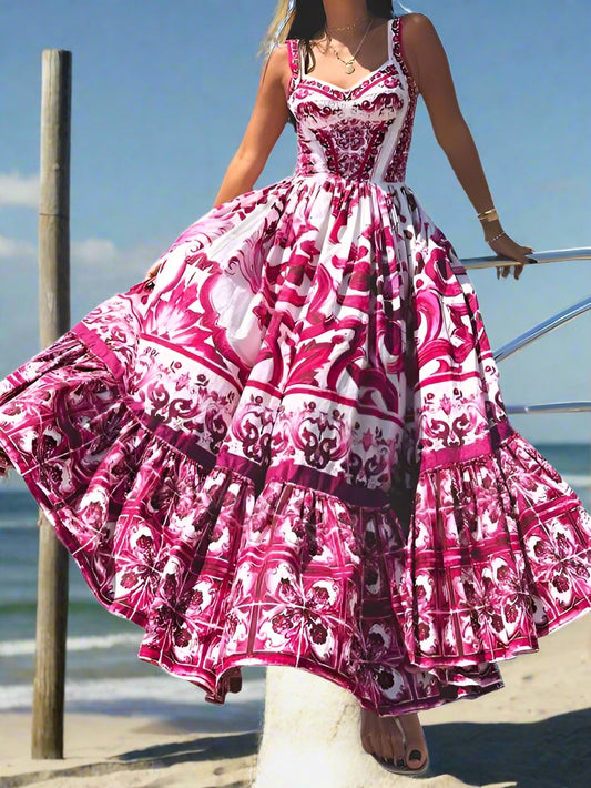 Stylish Printed Sleeveless Waist Swing Dress
