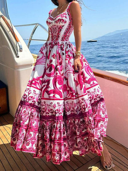 Stylish Printed Sleeveless Waist Swing Dress