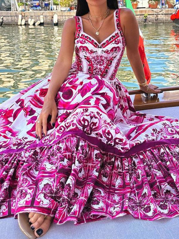 Stylish Printed Sleeveless Waist Swing Dress