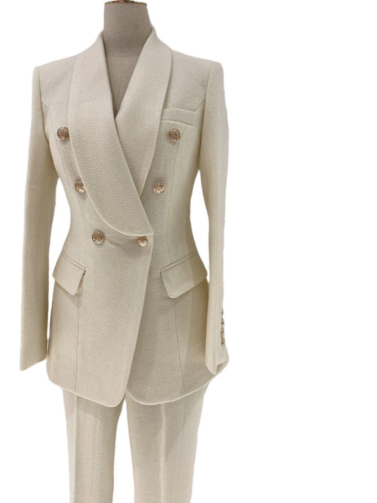 Thick Beige Woolen Pant Suit - High-End Trouser Suit - Pantsuit - Guocali