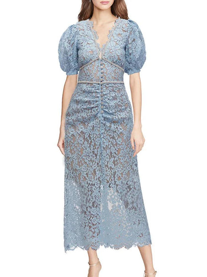 V-Neck Lace Beaded Dress - Long Dress - Guocali