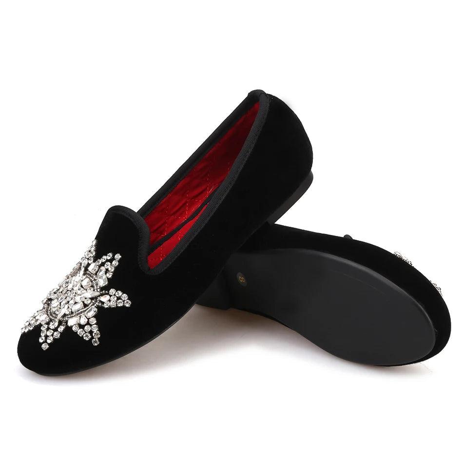 Velvet Rhinestone Women’s Loafers - Loafer Shoes - Guocali