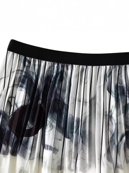 Vintage Pleated Ink Print Skirt for Women - Pleated Skirt - Guocali