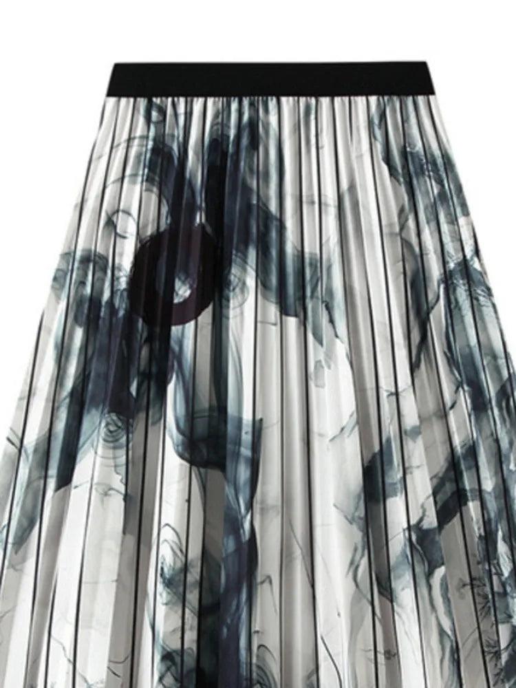 Vintage Pleated Ink Print Skirt for Women - Pleated Skirt - Guocali