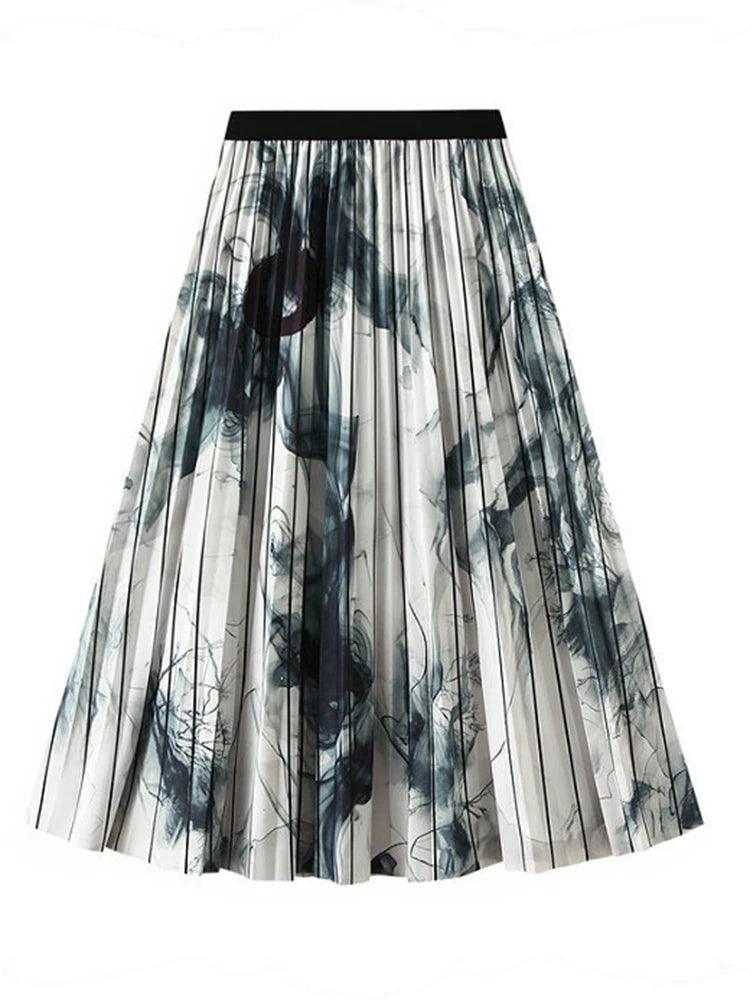 Vintage Pleated Ink Print Skirt for Women - Pleated Skirt - Guocali