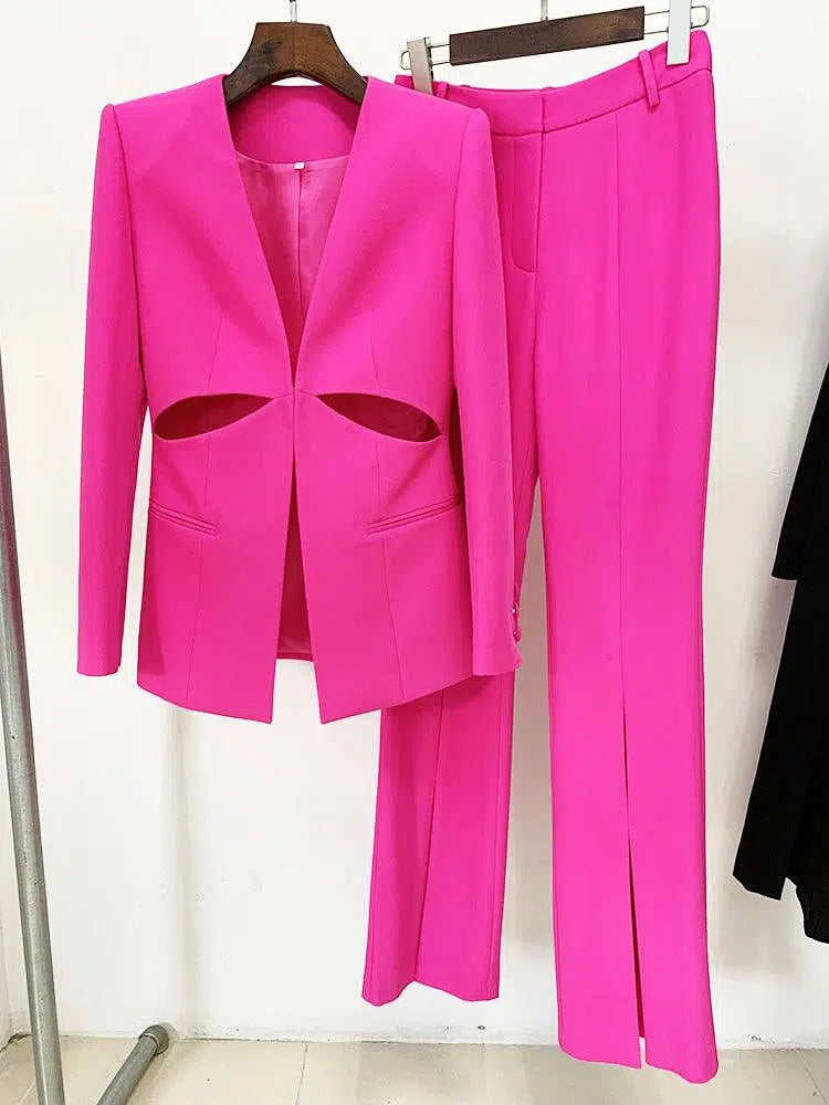 Women Pant Suit - Collarless Blazer - Slit Trouser Suit - Pantsuit - Guocali