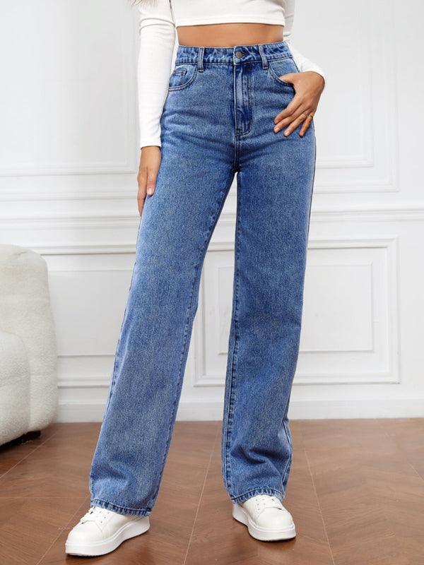 Women's High Waist Washed Straight Leg Jeans - Straight Leg Jeans - Guocali