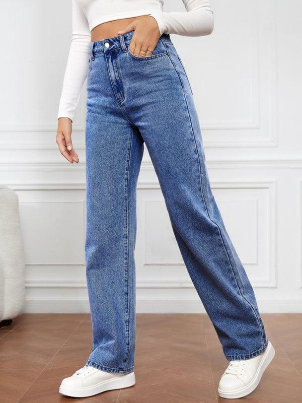 Women's High Waist Washed Straight Leg Jeans - Straight Leg Jeans - Guocali