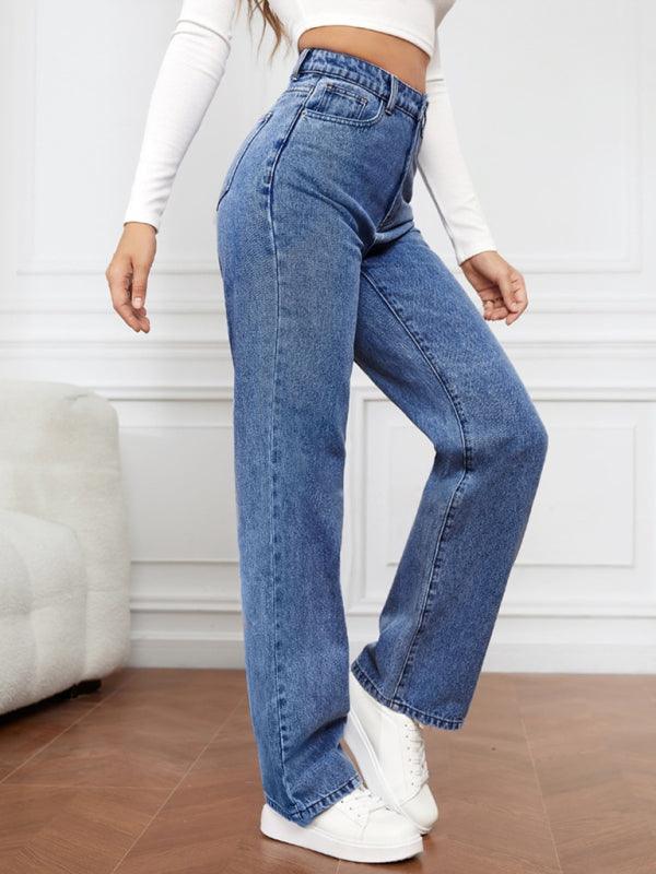 Women's High Waist Washed Straight Leg Jeans - Straight Leg Jeans - Guocali