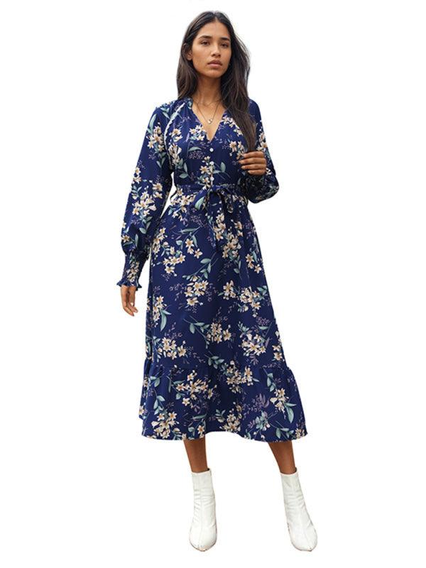 Women's Long Sleeve Floral Dress - Floral Dress - Guocali