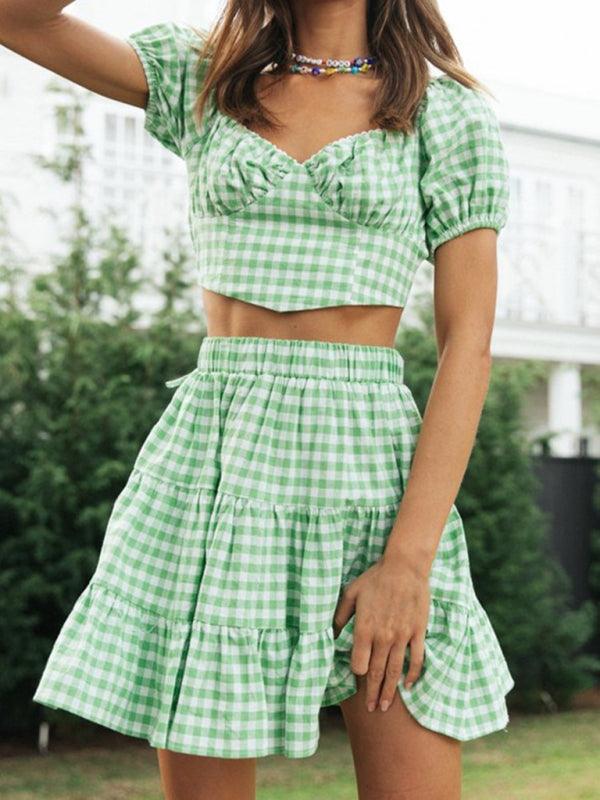 Women's Plaid Top Backless Tie + Cake Skirt Set - - Guocali