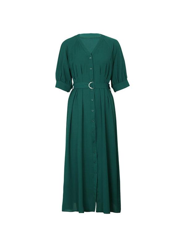 Women's V-Neck Green Dress With Belt - Long Dress - Guocali