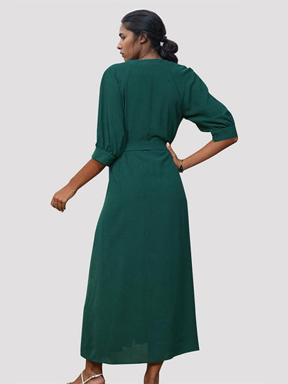 Women's V-Neck Green Dress With Belt - Long Dress - Guocali