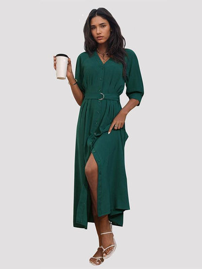 Women's V-Neck Green Dress With Belt - Long Dress - Guocali