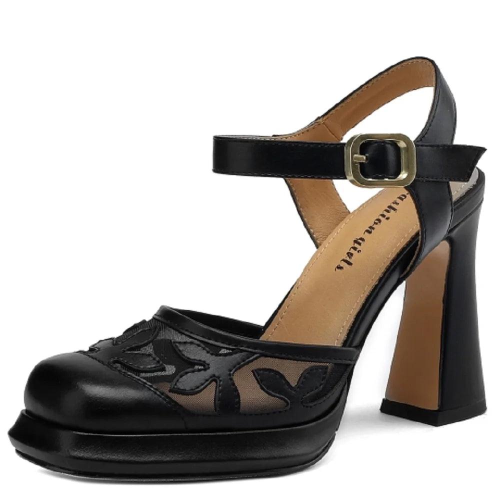 Women Sandals Leather Shoes Flower High Heels - Sandals - Guocali