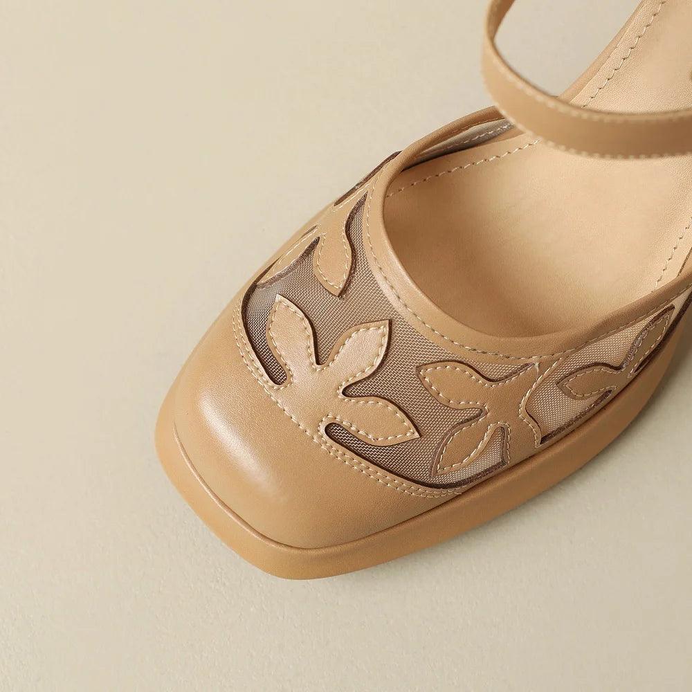 Women Sandals Leather Shoes Flower High Heels - Sandals - Guocali