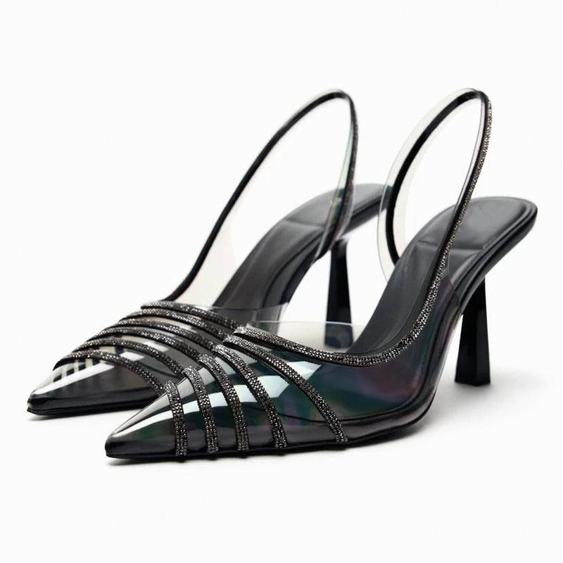 Women Sandals Shiny Rhinestone High Heels Transparent PVC Shoes - Sandals - Guocali